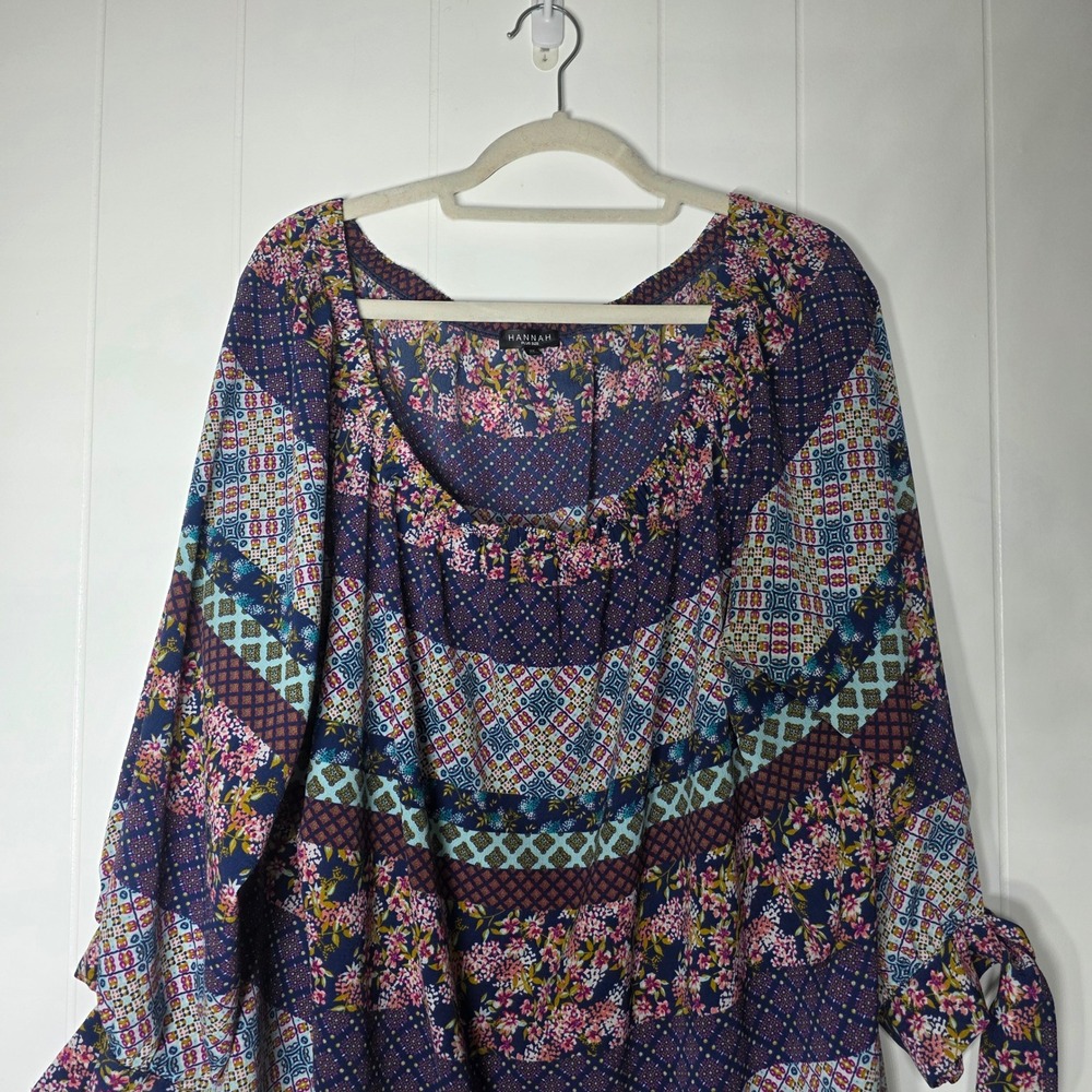 Hannah Plus Size Patchwork Floral Blouse 2X Blue Pink Boho Tie Sleeve Top - Picture 9 of 10